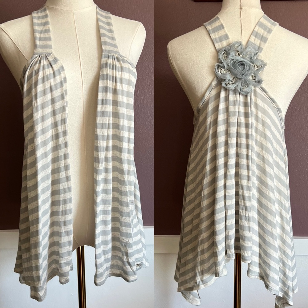 Y2K Blue and Cream Striped Sleeveless Open Front Cardigan